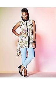 Grazia Sleeveless Floral Print Blouse With High - neckline: shirt collar/peter pan/zip with opening; sleeve style: sleeveless; length: below the bottom; style: shirt; secondary colour: ivory; occasions: casual, evening, holiday; fibres: polyester/polyamide - 100%; fit: loose; back detail: longer hem at back than at front; predominant colour: multicoloured; sleeve length: sleeveless; texture group: sheer fabrics/chiffon/organza etc.; pattern type: fabric; pattern size: big & busy; pattern: florals