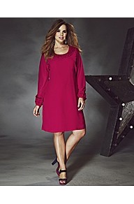 Rise Selena Ruffle Trim Tunic Dress - style: tunic; neckline: round neck; fit: loose; pattern: plain; predominant colour: hot pink; occasions: evening, occasion; length: on the knee; fibres: polyester/polyamide - 100%; sleeve length: extra long; sleeve style: standard; texture group: crepes; bust detail: tiers/frills/bulky drapes/pleats; pattern type: fabric