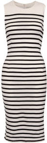 Amusa Stripey Jersey Shift Dress - style: shift; length: below the knee; neckline: round neck; fit: tailored/fitted; pattern: horizontal stripes; sleeve style: sleeveless; waist detail: fitted waist; hip detail: fitted at hip; shoulder detail: contrast pattern/fabric at shoulder; predominant colour: white; occasions: casual, evening, work, holiday; fibres: cotton - 100%; bust detail: contrast pattern/fabric/detail at bust; sleeve length: sleeveless; texture group: jersey - clingy; trends: glamorous day shifts; pattern type: fabric; pattern size: standard