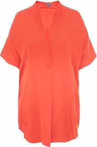 Orange Silk Shirt L Orange - pattern: plain; length: below the bottom; style: shirt; bust detail: buttons at bust (in middle at breastbone)/zip detail at bust; predominant colour: bright orange; occasions: casual, evening, work, holiday; neckline: mandarin with v-neck; fibres: silk - 100%; fit: loose; sleeve length: short sleeve; sleeve style: standard; texture group: silky - light; pattern type: fabric