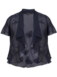 Navy Butterfly Chiffon Jacket - pattern: plain; style: bolero/shrug; bust detail: added detail/embellishment at bust; collar: shawl/waterfall; fit: loose; length: cropped; predominant colour: navy; occasions: evening, occasion; fibres: polyester/polyamide - 100%; sleeve length: short sleeve; sleeve style: standard; texture group: sheer fabrics/chiffon/organza etc.; collar break: low/open; pattern type: fabric; pattern size: small & light; embellishment: beading