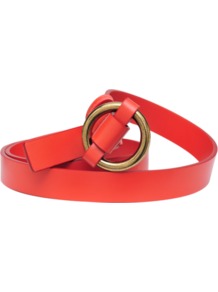 Belt With Round Buckle - predominant colour: coral; occasions: casual, evening, work, holiday; type of pattern: standard; style: classic; size: standard; worn on: waist; material: leather; pattern: plain; finish: plain; embellishment: chain/metal