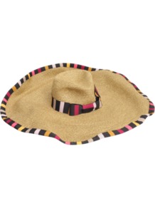 Wide Brim Straw Hat - predominant colour: nude; secondary colour: black; occasions: casual, holiday; type of pattern: standard; style: sunhat; size: large; material: macrame/raffia/straw; embellishment: bow; pattern: striped; trends: striking stripes