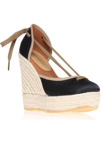Keates Wedge Espadrille Shoes, Black - predominant colour: black; occasions: casual, evening; material: satin; heel height: high; ankle detail: ankle tie; heel: wedge; toe: round toe; style: courts; finish: plain; pattern: plain