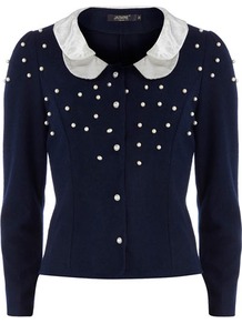 Navy Scalloped Collar Jacket - pattern: plain; style: single breasted blazer; bust detail: added detail/embellishment at bust; collar: round collar/collarless; fit: slim fit; secondary colour: white; predominant colour: navy; occasions: casual, evening, work; length: standard; fibres: polyester/polyamide - stretch; sleeve length: long sleeve; sleeve style: standard; texture group: cotton feel fabrics; collar break: high; pattern type: fabric; embellishment: beading