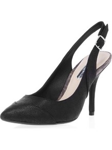 Black Mid Slingback Courts - predominant colour: black; occasions: evening, work, occasion; material: faux leather; heel height: high; ankle detail: ankle strap; heel: stiletto; toe: pointed toe; style: slingbacks; finish: plain; pattern: plain; embellishment: toe cap