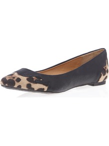 Black And Leopard Western Pump - secondary colour: camel; predominant colour: black; occasions: casual, evening, work, holiday; material: faux leather; heel height: flat; toe: round toe; style: ballerinas / pumps; trends: statement prints; finish: plain; pattern: animal print; embellishment: toe cap