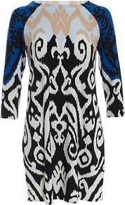 Jasmine Shift Dress Blue - style: shift; length: mid thigh; predominant colour: black; occasions: casual, evening; fit: body skimming; fibres: polyester/polyamide - mix; neckline: crew; sleeve length: 3/4 length; sleeve style: standard; trends: statement prints; pattern type: fabric; pattern size: big & busy; pattern: patterned/print; texture group: other - light to midweight