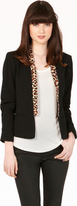 Leopard Collar Blazer - style: single breasted blazer; bust detail: added detail/embellishment at bust; collar: shawl/waterfall; predominant colour: black; occasions: casual, evening, work; length: standard; fit: tailored/fitted; fibres: polyester/polyamide - 100%; waist detail: fitted waist; sleeve length: long sleeve; sleeve style: standard; texture group: crepes; collar break: low/open; pattern type: fabric; pattern size: small & light; pattern: animal print