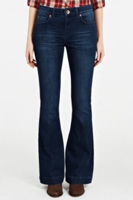 Vintage Blue Flare Jeans - style: flares; length: standard; pattern: plain; pocket detail: traditional 5 pocket; waist: mid/regular rise; predominant colour: indigo; occasions: casual; fibres: cotton - stretch; jeans detail: whiskering; texture group: denim; pattern type: fabric