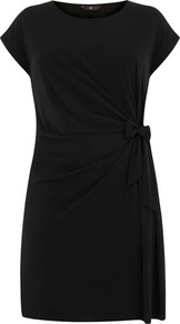 Black Side Tie Dress - style: shift; length: mid thigh; neckline: round neck; sleeve style: capped; pattern: plain; waist detail: twist front waist detail/nipped in at waist on one side/soft pleats/draping/ruching/gathering waist detail; predominant colour: black; occasions: casual, evening, work; fit: body skimming; fibres: polyester/polyamide - stretch; hip detail: ruching/gathering at hip; sleeve length: short sleeve; pattern type: fabric; texture group: jersey - stretchy/drapey