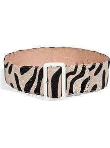 Black/Tan Animal Print Cotton Linen Leather Buckle Trishy Belt - predominant colour: stone; occasions: casual, evening, work; type of pattern: standard; style: classic; size: standard; worn on: waist; material: fabric; pattern: animal print; finish: plain