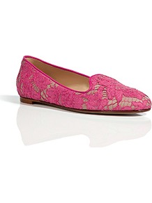 Pink/Nude Lace Overlay Slipper Style Leather Loafers - predominant colour: hot pink; occasions: casual, work; material: lace; heel height: flat; toe: round toe; style: loafers; finish: plain; pattern: patterned/print