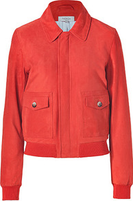 Orange Red Suede Verlan Jacket - pattern: plain; collar: high neck; hip detail: fitted at hip; style: baseball; predominant colour: true red; occasions: casual, evening, work; length: standard; fit: straight cut (boxy); fibres: leather - 100%; sleeve length: long sleeve; sleeve style: standard; collar break: high; pattern type: fabric; pattern size: standard; texture group: suede