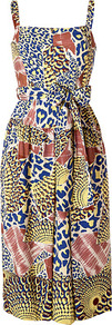 Yellow Multi Cotton Blend Arly Sundress - length: calf length; sleeve style: sleeveless; style: sundress; waist detail: belted waist/tie at waist/drawstring; predominant colour: yellow; occasions: casual, evening, work; fit: fitted at waist & bust; fibres: viscose/rayon - 100%; hip detail: sculpting darts/pleats/seams at hip; sleeve length: sleeveless; texture group: cotton feel fabrics; trends: statement prints, modern geometrics; neckline: low square neck; pattern type: fabric; pattern size: small & busy; pattern: patterned/print