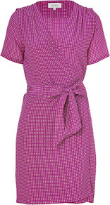 Violet/White Silk Marakas Dress - style: faux wrap/wrap; neckline: low v-neck; waist detail: belted waist/tie at waist/drawstring; predominant colour: magenta; occasions: casual, evening; length: just above the knee; fit: body skimming; fibres: silk - 100%; sleeve length: short sleeve; sleeve style: standard; pattern type: fabric; pattern size: small & busy; pattern: patterned/print