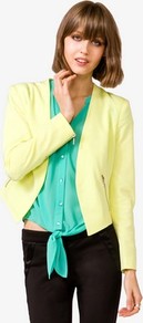 Neon Open Blazer - pattern: plain; style: single breasted blazer; fit: slim fit; collar: standard lapel/rever collar; predominant colour: primrose yellow; occasions: casual, evening, work; length: standard; fibres: polyester/polyamide - mix; waist detail: fitted waist; back detail: shorter hem at back than at front; sleeve length: long sleeve; sleeve style: standard; collar break: low/open; pattern type: fabric; pattern size: standard; texture group: other - stretchy