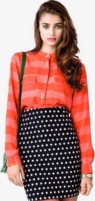 Essential Striped Georgette Shirt - pattern: horizontal stripes; neckline: high neck; style: shirt; predominant colour: pink; occasions: casual, work; length: standard; fibres: polyester/polyamide - 100%; fit: loose; sleeve length: long sleeve; sleeve style: standard; texture group: cotton feel fabrics; trends: striking stripes; pattern type: fabric; pattern size: standard
