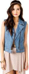 Denim Moto Vest - pattern: plain; sleeve style: sleeveless; style: gilet; shoulder detail: obvious epaulette; collar: asymmetric biker; predominant colour: denim; occasions: casual, work; length: standard; fit: straight cut (boxy); fibres: cotton - stretch; sleeve length: sleeveless; texture group: denim; collar break: medium; pattern type: fabric; pattern size: standard