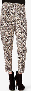Leopard Print Harem Pants - style: harem/slouch; waist detail: elasticated waist; waist: high rise; predominant colour: chocolate brown; occasions: casual, evening, work; length: ankle length; fibres: polyester/polyamide - 100%; fit: baggy; pattern type: fabric; pattern size: small & busy; pattern: animal print; texture group: other - light to midweight