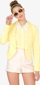 Open Front Pointed Hem Blazer - pattern: plain; style: single breasted blazer; collar: standard lapel/rever collar; predominant colour: primrose yellow; occasions: casual, evening, work; length: standard; fit: tailored/fitted; fibres: polyester/polyamide - mix; waist detail: fitted waist; back detail: shorter hem at back than at front; sleeve length: long sleeve; sleeve style: standard; collar break: low/open; pattern type: fabric; pattern size: standard; texture group: other - light to midweight