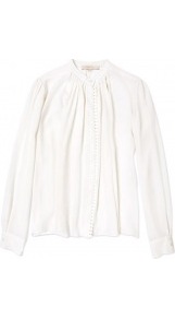 Pleated Detail Collarless Shirt - neckline: shirt collar/peter pan/zip with opening; pattern: plain; style: shirt; bust detail: buttons at bust (in middle at breastbone)/zip detail at bust; predominant colour: ivory; occasions: casual, evening, work; length: standard; fibres: silk - mix; fit: straight cut; shoulder detail: structured/bulky pleats/bulky detail at shoulder; sleeve length: long sleeve; sleeve style: standard; texture group: crepes; pattern type: fabric