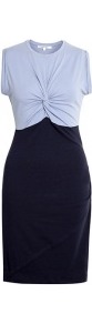 Blue Twist Top Jersey Dress - style: shift; sleeve style: sleeveless; bust detail: knot twist front detail at bust; secondary colour: pale blue; predominant colour: navy; occasions: casual, work; length: just above the knee; fit: body skimming; fibres: cotton - mix; neckline: crew; hip detail: contrast fabric/print detail at hip; sleeve length: sleeveless; pattern type: fabric; pattern size: standard; pattern: colourblock; texture group: jersey - stretchy/drapey