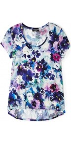 Pansy Print Jersey T Shirt - neckline: round neck; style: t-shirt; predominant colour: royal blue; occasions: casual; length: standard; fibres: polyester/polyamide - stretch; fit: loose; back detail: longer hem at back than at front; sleeve length: short sleeve; sleeve style: standard; trends: high impact florals; pattern type: fabric; pattern size: big & busy; pattern: florals; texture group: jersey - stretchy/drapey