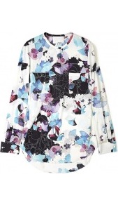 Scrapbook Floral Hidden Zipper Henley Shirt3.1 Phillip - neckline: round neck; length: below the bottom; style: blouse; secondary colour: white; occasions: casual, evening, work; fit: straight cut; predominant colour: multicoloured; sleeve length: long sleeve; sleeve style: standard; texture group: silky - light; trends: statement prints; pattern type: fabric; pattern size: big & busy; pattern: patterned/print; fibres: silk - stretch