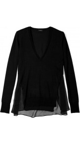 V Neck Long Sleeve Merino And Silk Jumper - neckline: low v-neck; pattern: plain; hip detail: asymmetric hem falling at hip level; style: standard; predominant colour: black; occasions: casual, evening, work; length: standard; fibres: wool - 100%; fit: slim fit; back detail: longer hem at back than at front; sleeve length: long sleeve; sleeve style: standard; texture group: knits/crochet; pattern type: knitted - other
