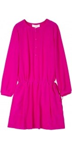 Drop Waist Tunic Dress - fit: loose; pattern: plain; style: blouson; waist detail: elasticated waist; bust detail: buttons at bust (in middle at breastbone)/zip detail at bust; predominant colour: hot pink; occasions: casual, evening; length: just above the knee; fibres: silk - 100%; neckline: crew; sleeve length: long sleeve; sleeve style: standard; texture group: silky - light; trends: fluorescent; pattern type: fabric