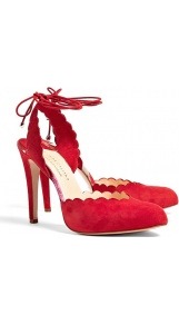 Tala Scalloped Edge Heeled Shoes - predominant colour: true red; occasions: evening; material: suede; heel height: high; ankle detail: ankle tie; heel: stiletto; toe: round toe; style: courts; finish: plain; pattern: plain