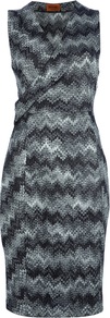 Zig Zag Dress - style: faux wrap/wrap; neckline: v-neck; sleeve style: sleeveless; predominant colour: charcoal; secondary colour: light grey; occasions: evening, work, occasion; length: on the knee; fit: body skimming; sleeve length: sleeveless; texture group: knits/crochet; pattern type: knitted - fine stitch; pattern size: standard; pattern: patterned/print; fibres: viscose/rayon - mix