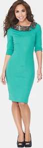 Python Collar Dress, Green - fit: tight; pattern: plain; style: bodycon; predominant colour: emerald green; occasions: evening, work; length: on the knee; neckline: collarstand; fibres: polyester/polyamide - stretch; sleeve length: 3/4 length; sleeve style: standard; trends: glamorous day shifts; pattern type: fabric; texture group: other - stretchy