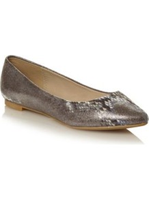 Silver Faux Snakeskin Pointed Toe Pumps - predominant colour: silver; occasions: casual, work; material: faux leather; heel height: flat; toe: pointed toe; style: ballerinas / pumps; finish: plain; pattern: animal print