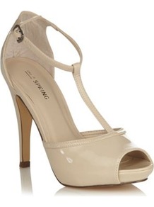 Cream Leatherette T Bar High Heel Peep Toe Rehder Court Shoe - predominant colour: ivory; occasions: evening, work, occasion; material: faux leather; heel height: high; embellishment: buckles; ankle detail: ankle strap; heel: stiletto; toe: open toe/peeptoe; style: t-bar; finish: patent; pattern: plain