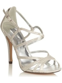 Silver High Heeled Open Toed Metallic Sandals - predominant colour: silver; occasions: evening, occasion; material: faux leather; heel height: high; embellishment: buckles; ankle detail: ankle strap; heel: stiletto; toe: open toe/peeptoe; style: strappy; trends: metallics; finish: metallic; pattern: plain
