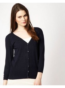 Navy Blue V Neckline Cardigan - neckline: v-neck; pattern: plain; predominant colour: navy; occasions: casual, work; length: standard; style: standard; fit: standard fit; sleeve length: 3/4 length; sleeve style: standard; texture group: knits/crochet; pattern type: knitted - fine stitch; fibres: viscose/rayon - mix