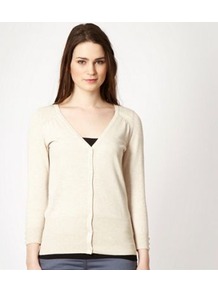 Beige V Neck Cardigan - neckline: v-neck; pattern: plain; predominant colour: ivory; occasions: casual, work; length: standard; style: standard; fit: standard fit; sleeve length: 3/4 length; sleeve style: standard; texture group: knits/crochet; pattern type: knitted - fine stitch; fibres: viscose/rayon - mix