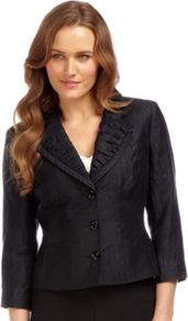 Black Crinkle Jacket - pattern: plain; style: single breasted blazer; collar: standard lapel/rever collar; predominant colour: black; occasions: evening, work, occasion; length: standard; fit: tailored/fitted; fibres: linen - mix; sleeve length: 3/4 length; sleeve style: standard; texture group: structured shiny - satin/tafetta/silk etc.; collar break: medium; pattern type: fabric