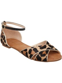 Leopard Jupiter D Animal Print Pony Flat Sandal - secondary colour: tan; predominant colour: black; occasions: casual, holiday; material: animal skin; heel height: flat; ankle detail: ankle strap; heel: standard; toe: open toe/peeptoe; style: standard; trends: statement prints; finish: plain; pattern: animal print