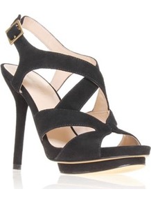 Bymyside - predominant colour: black; occasions: evening, work, occasion; material: suede; heel height: high; ankle detail: ankle strap; heel: platform; toe: open toe/peeptoe; style: strappy; finish: plain; pattern: plain