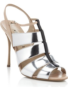 Mich Slingback Heel - secondary colour: nude; predominant colour: silver; occasions: evening, occasion; material: leather; ankle detail: ankle strap; heel: stiletto; toe: open toe/peeptoe; style: strappy; trends: metallics; finish: metallic; pattern: colourblock; heel height: very high