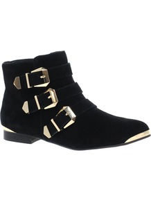 Flojoey Buckled Ankle Boots - predominant colour: black; occasions: casual, evening, work; material: suede; heel height: flat; embellishment: buckles; heel: standard; toe: round toe; boot length: ankle boot; style: standard; finish: plain; pattern: plain