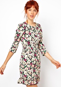 Floral Dress With Gathered Waist And Collar - style: shift; neckline: round neck; occasions: casual, evening; length: just above the knee; fit: body skimming; fibres: viscose/rayon - 100%; predominant colour: multicoloured; sleeve length: 3/4 length; sleeve style: standard; texture group: cotton feel fabrics; trends: high impact florals; pattern type: fabric; pattern size: standard; pattern: florals
