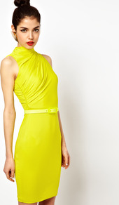 Lonny Midi Dress With Twisted High Neck And Belt - fit: tight; pattern: plain; sleeve style: sleeveless; neckline: high neck; style: bodycon; waist detail: belted waist/tie at waist/drawstring; bust detail: ruching/gathering/draping/layers/pintuck pleats at bust; predominant colour: yellow; occasions: casual, evening, occasion; length: just above the knee; fibres: polyester/polyamide - stretch; sleeve length: sleeveless; trends: fluorescent; pattern type: fabric; texture group: jersey - stretchy/drapey