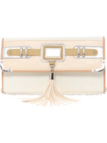 Tassel Front Clutch Bag - predominant colour: ivory; occasions: casual, evening, occasion; type of pattern: standard; style: clutch; length: hand carry; size: small; material: faux leather; embellishment: tassels; finish: plain; pattern: colourblock
