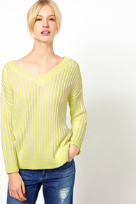 Neon Ribbed Reversible Chunky Knit - neckline: low v-neck; style: standard; predominant colour: primrose yellow; occasions: casual; length: standard; fibres: cotton - mix; fit: standard fit; hip detail: contrast fabric/print detail at hip; sleeve length: long sleeve; sleeve style: standard; texture group: knits/crochet; trends: fluorescent; pattern type: knitted - other; pattern size: small & light