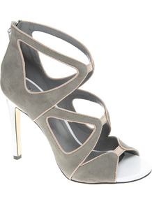 Hazard Heeled Sandals - predominant colour: mid grey; occasions: evening, work, occasion; material: faux leather; heel height: high; embellishment: zips; ankle detail: ankle strap; heel: stiletto; toe: open toe/peeptoe; style: strappy; trends: metallics; finish: plain; pattern: plain