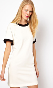 Shift Dress With Bell Sleeves And Contrasting Panels - style: shift; length: mid thigh; neckline: round neck; predominant colour: ivory; secondary colour: black; occasions: casual, evening, work; fit: straight cut; fibres: polyester/polyamide - mix; bust detail: contrast pattern/fabric/detail at bust; sleeve length: short sleeve; sleeve style: standard; texture group: cotton feel fabrics; pattern type: fabric; pattern size: standard; pattern: colourblock